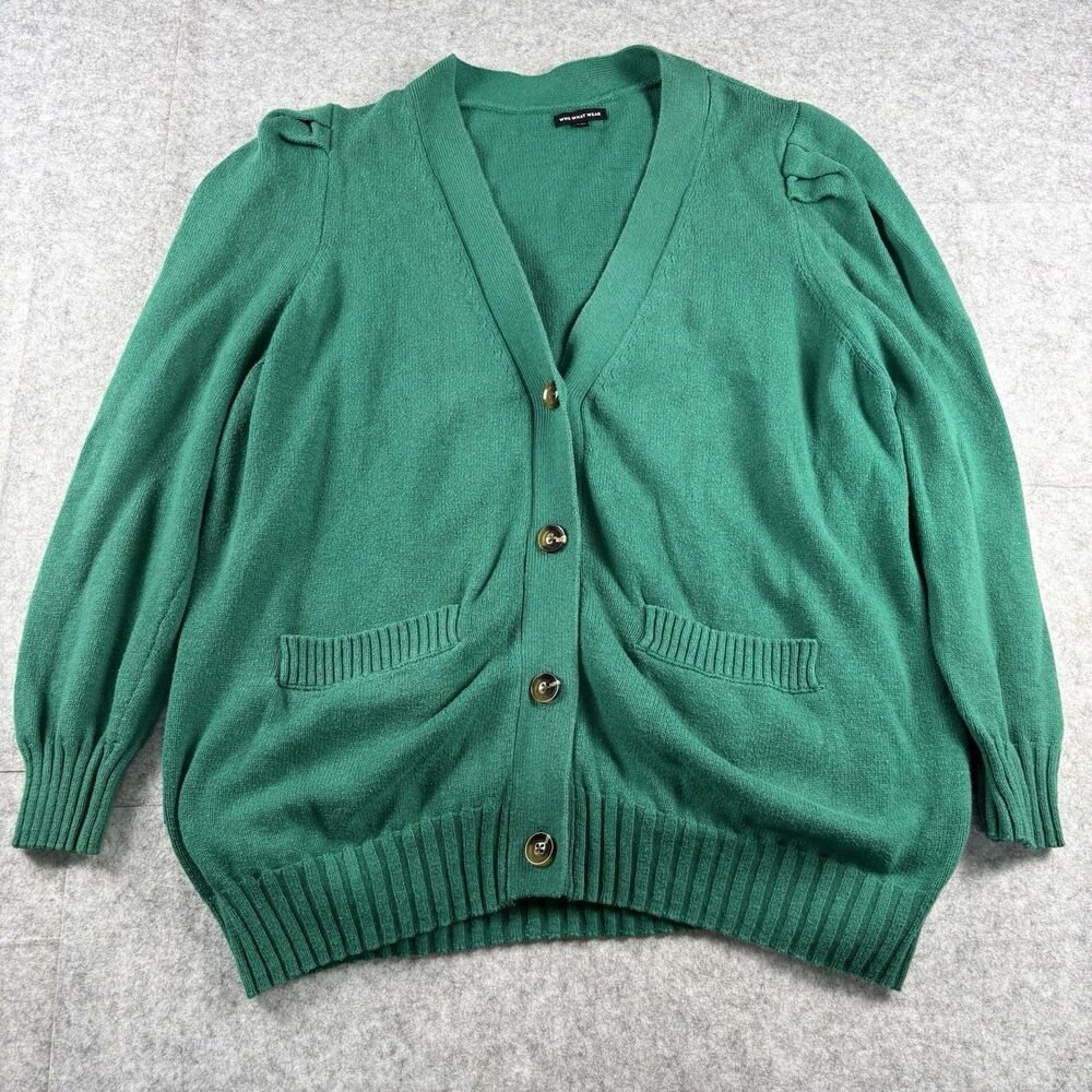 Who What Wear Green Puff Cotton Nylon Wool Chunky Cardigan Sweater Womens XXL